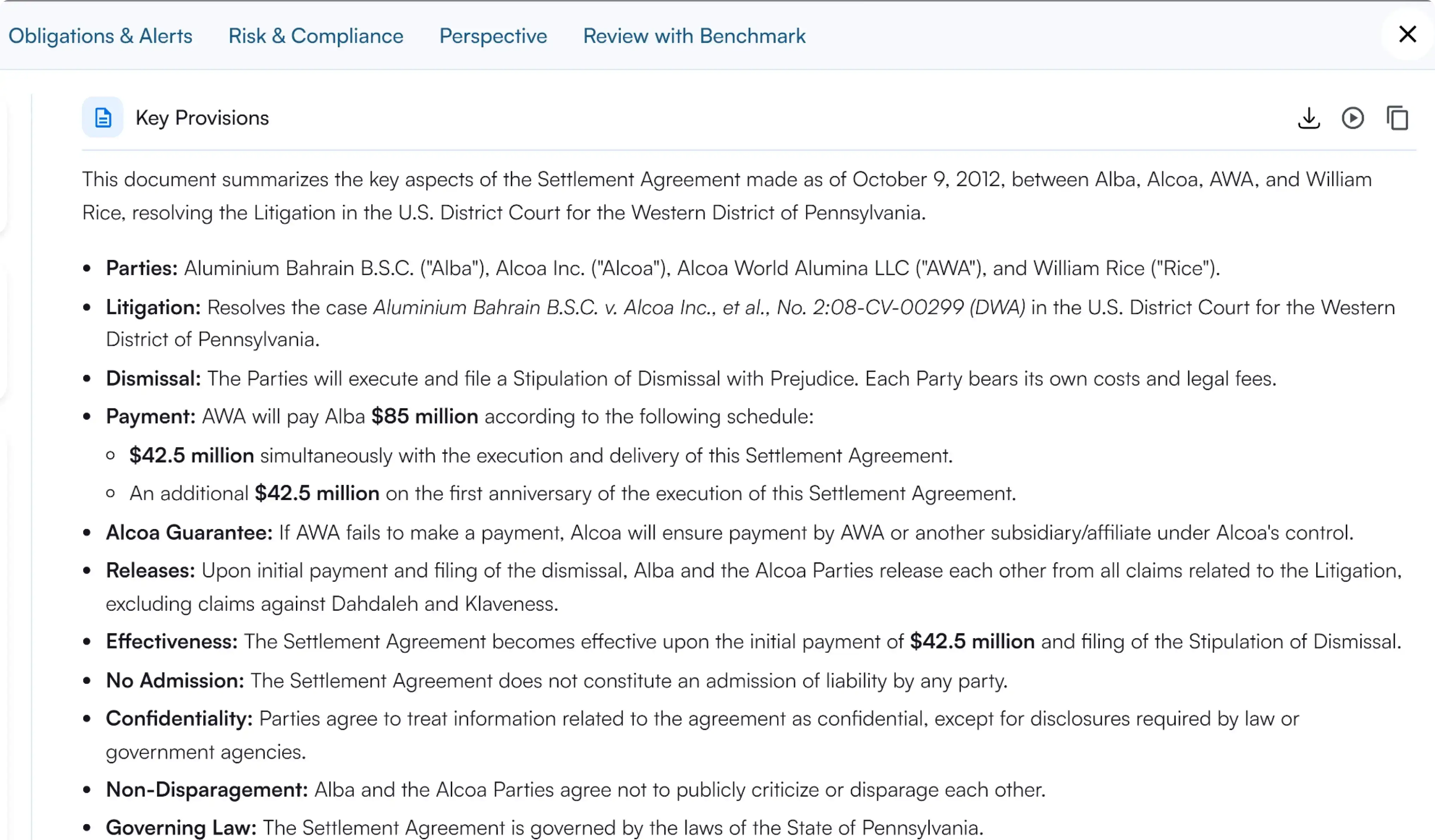 Legitt AI desktop app showing contract analysis and key provisions dashboard