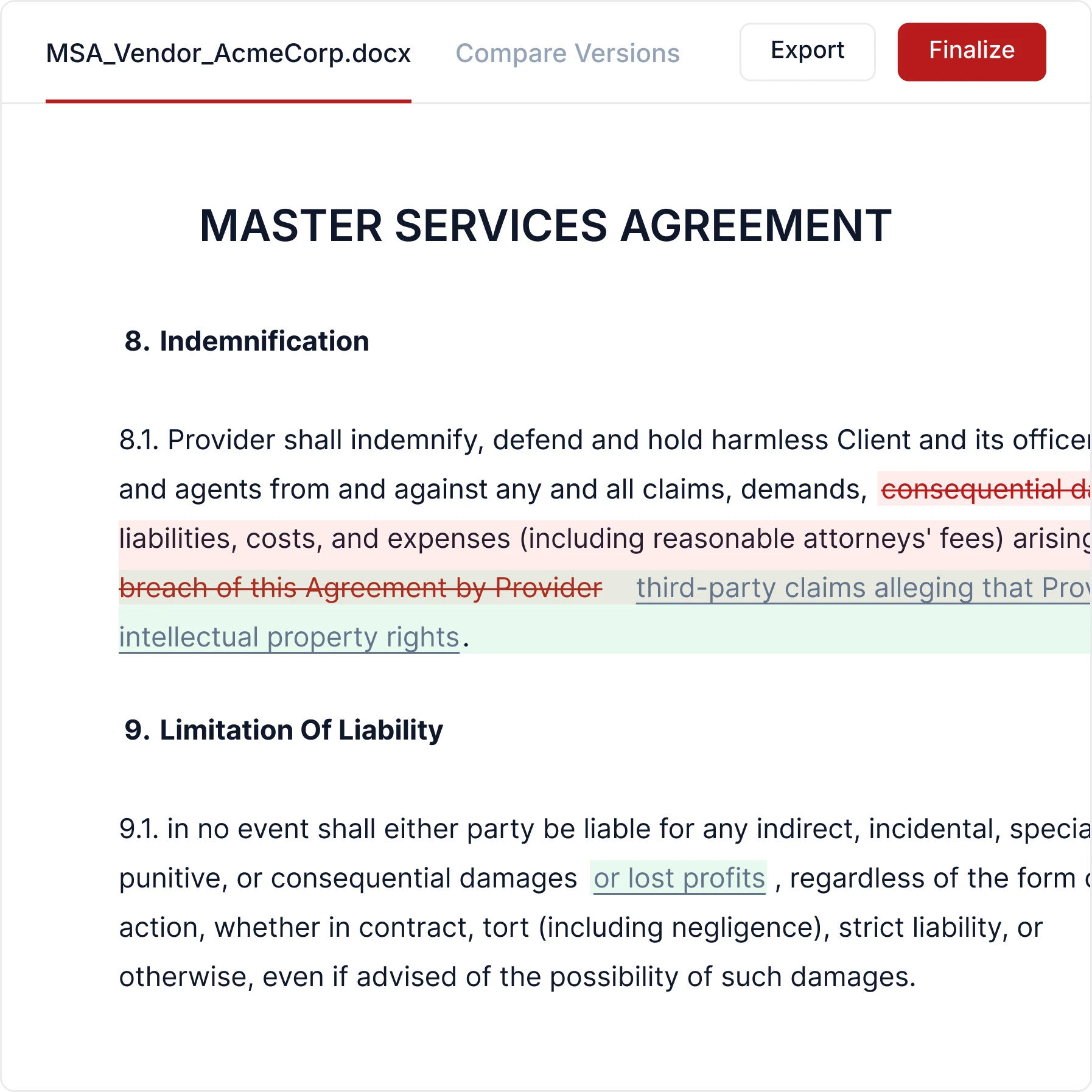 Legitt AI Redlining & Negotiation Agent interface showing document and AI chat