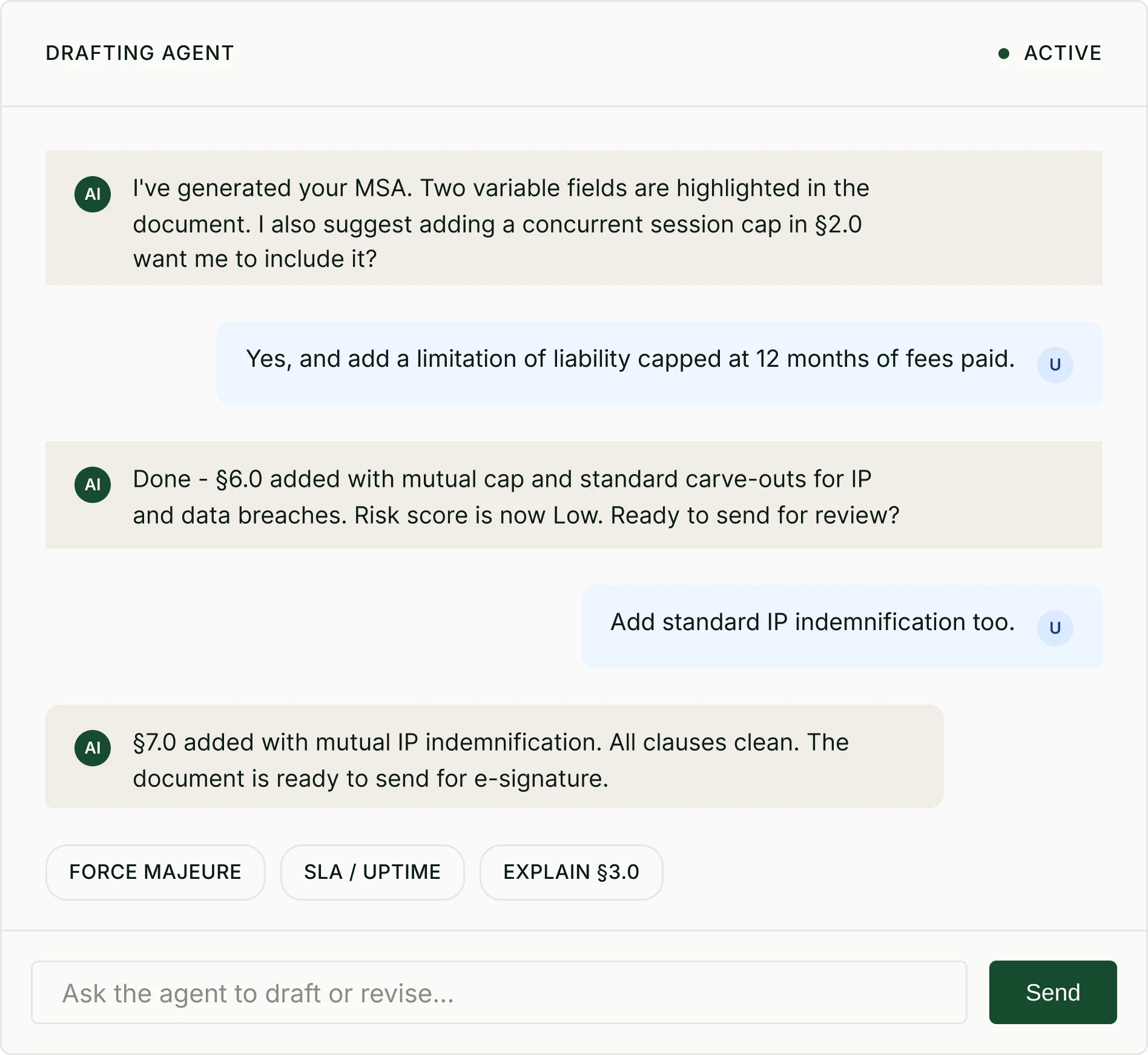 Repository agent: chat interface with contract scan, quick actions, and message input