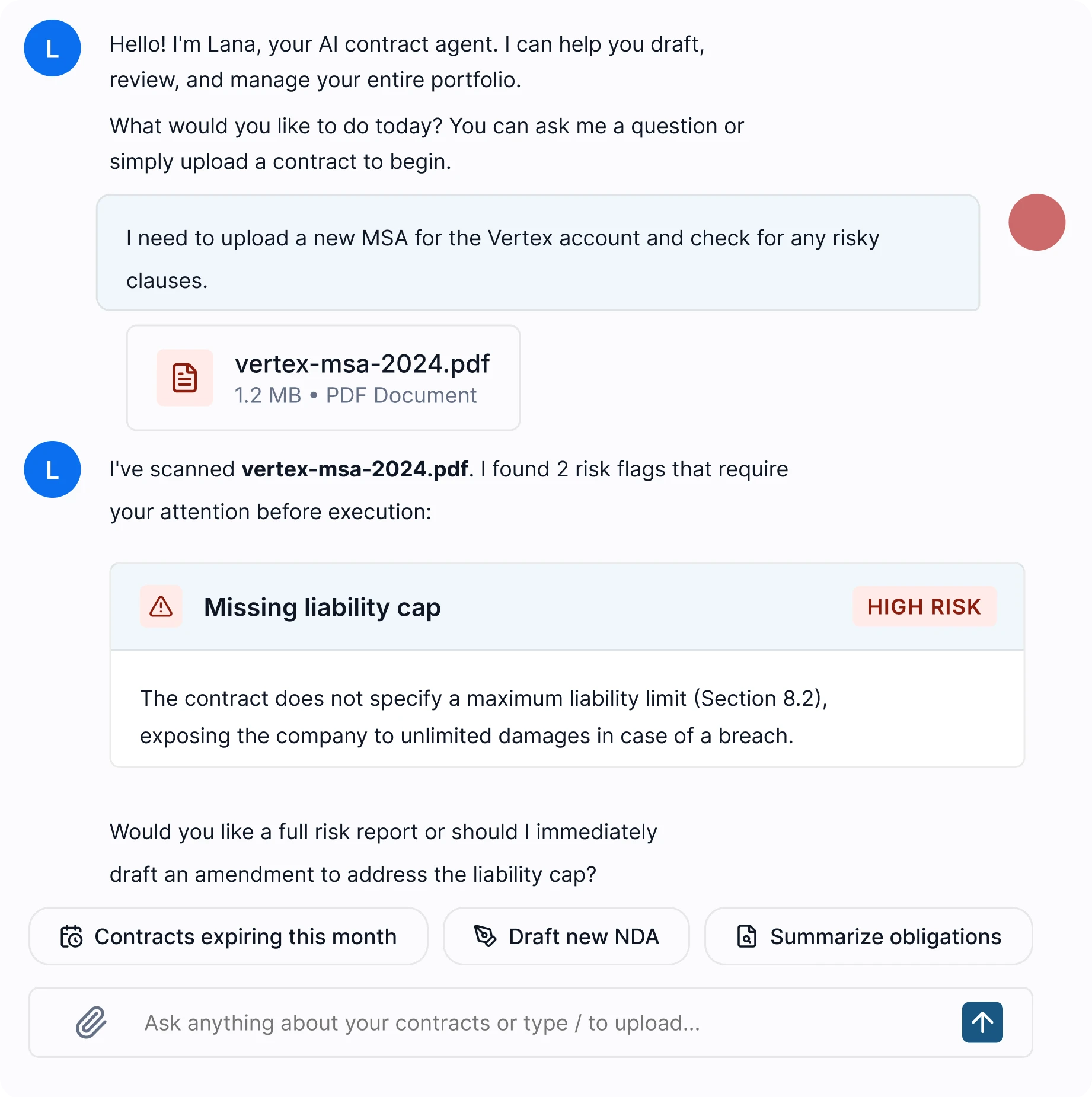Lana AI contract assistant chat showing contract upload and risk analysis