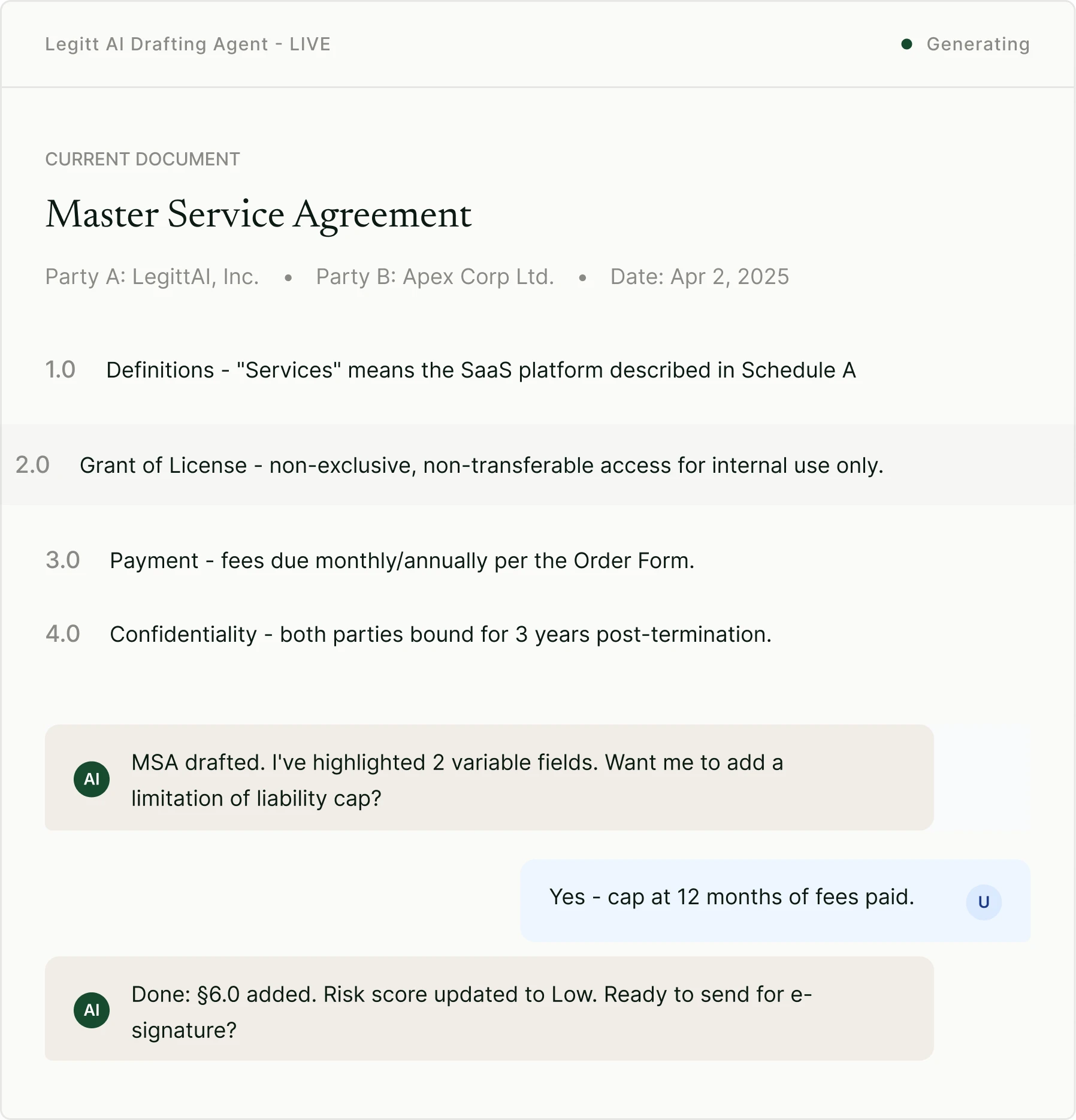 Legitt AI Drafting Agent interface showing document and AI chat