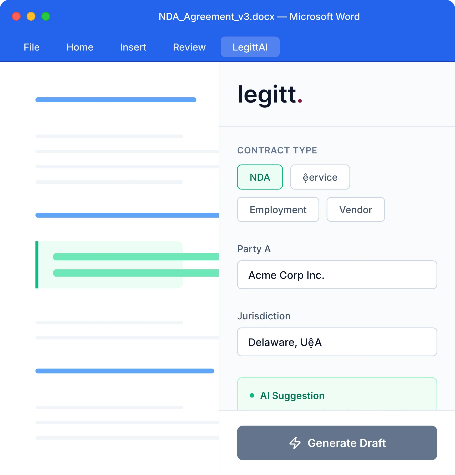 Legitt AI Word Add-in mockup inside a browser window