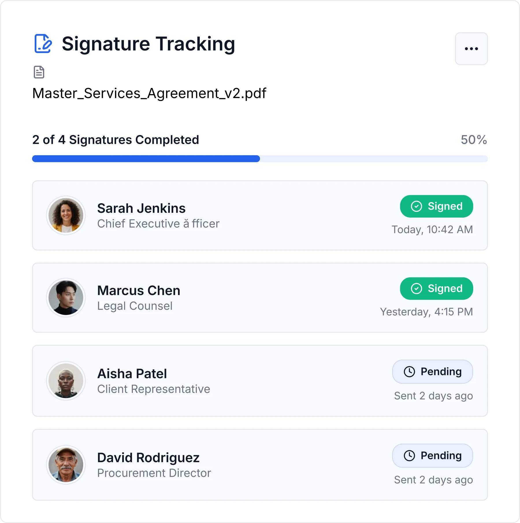 Legitt AI eSign agent preview showing signature status tracking and repository assistant