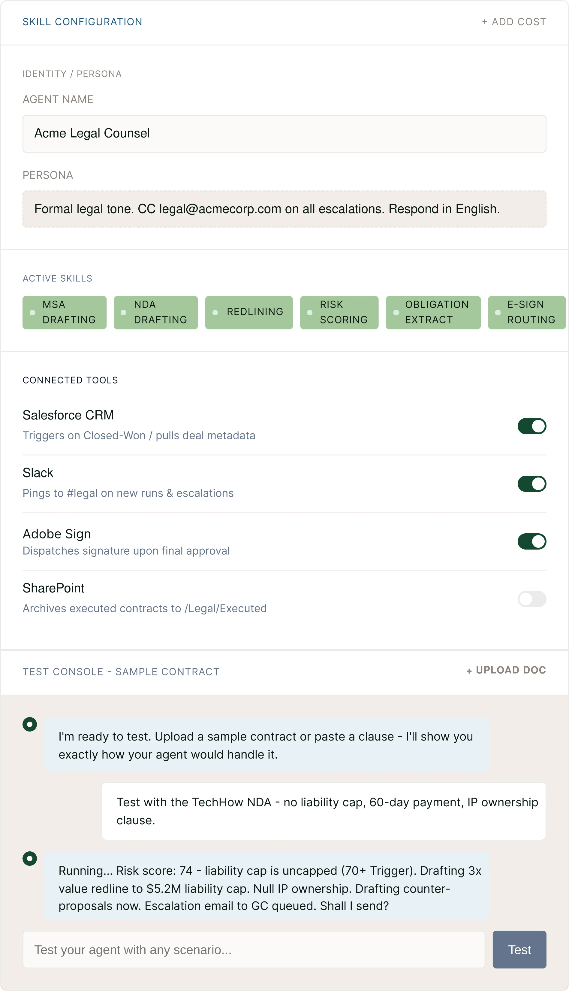 Legitt AI custom agent skill configuration and test console