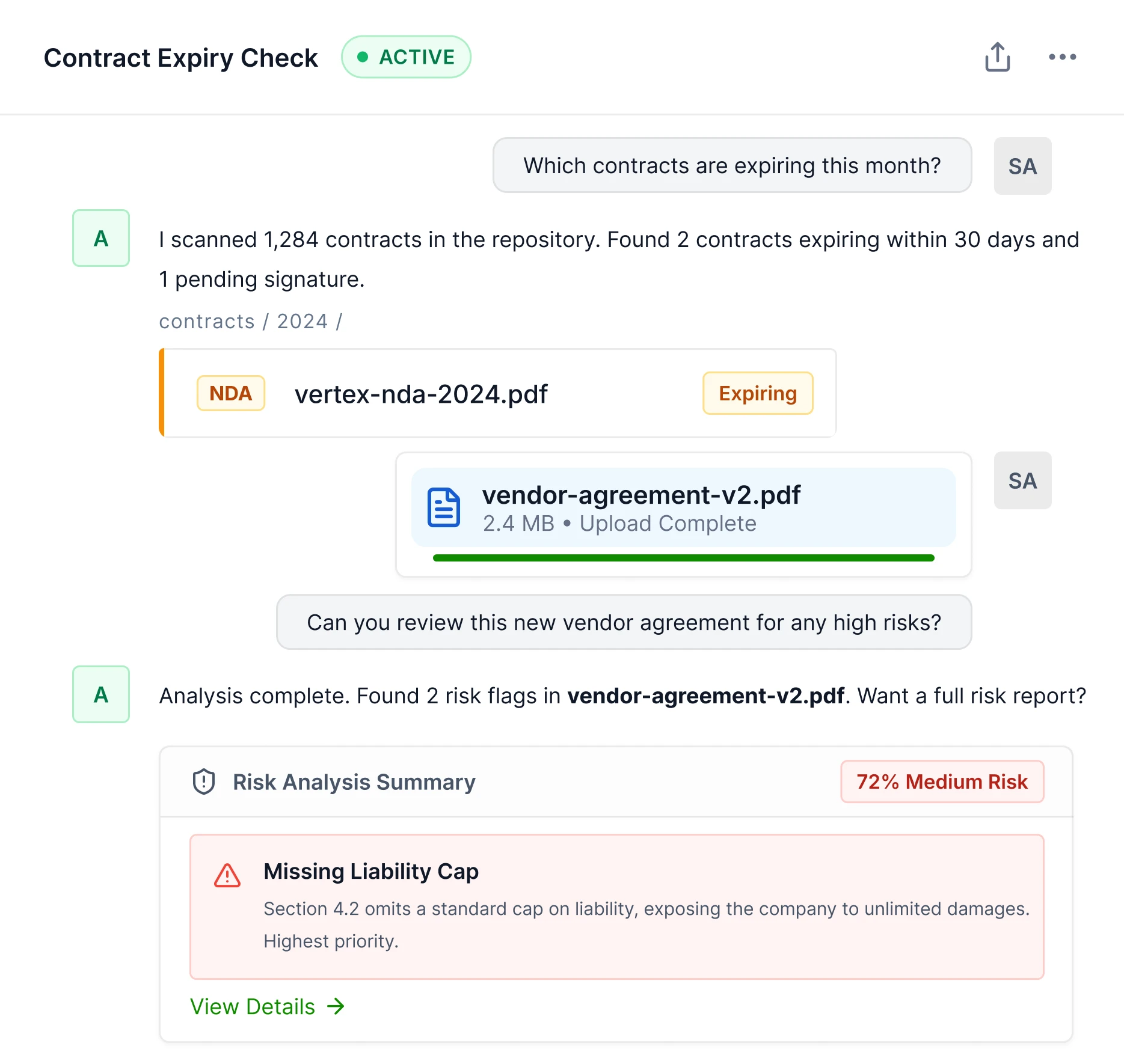 Lana AI preview showing contract status tracking and assistant chat