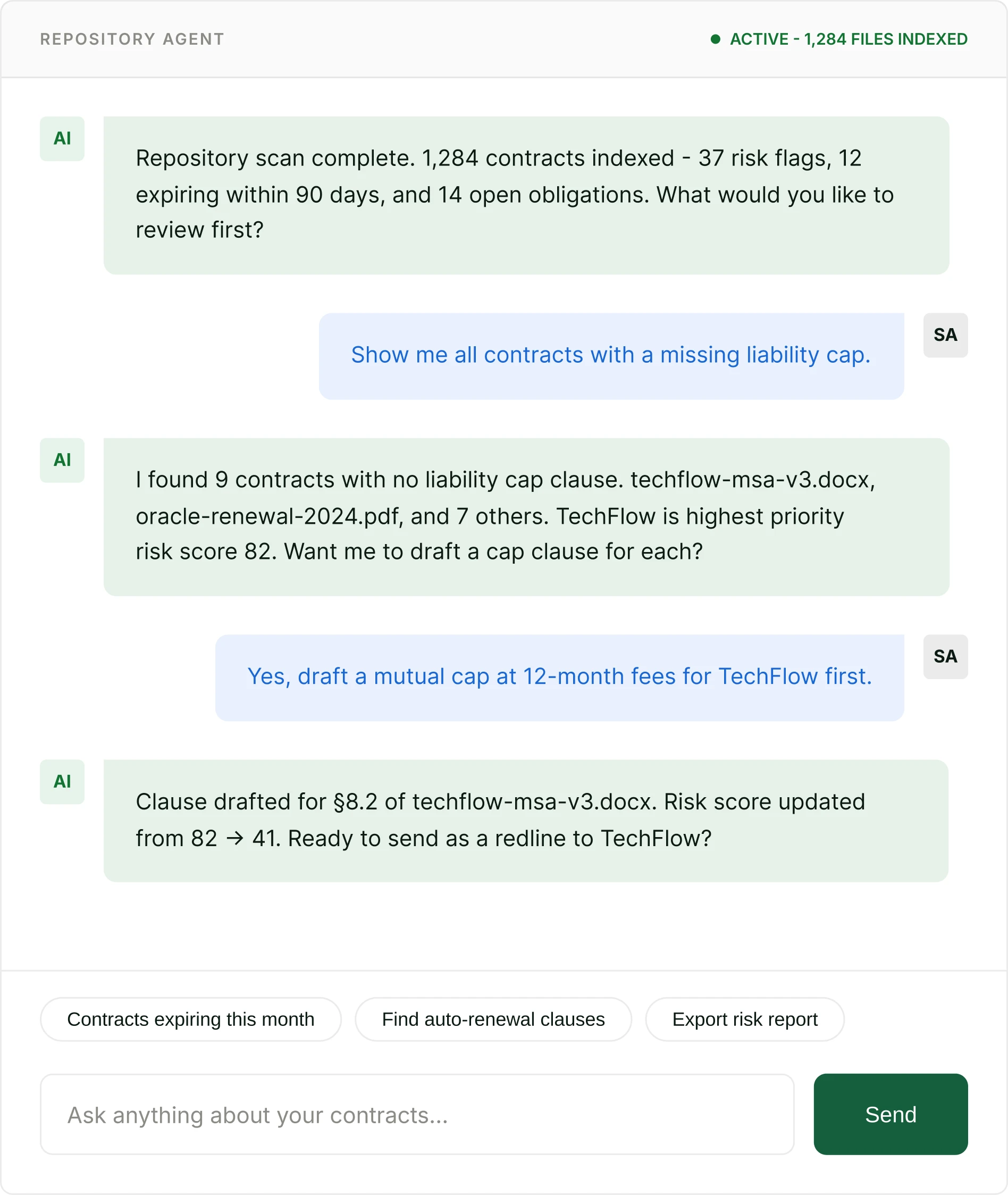 Legitt AI Repository Agent preview showing contract risk and obligation cards with assistant chat