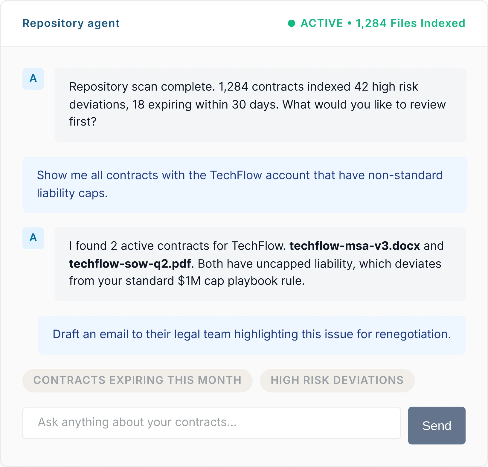 Legitt AI Review Agent preview showing risk tracking and repository assistant chat