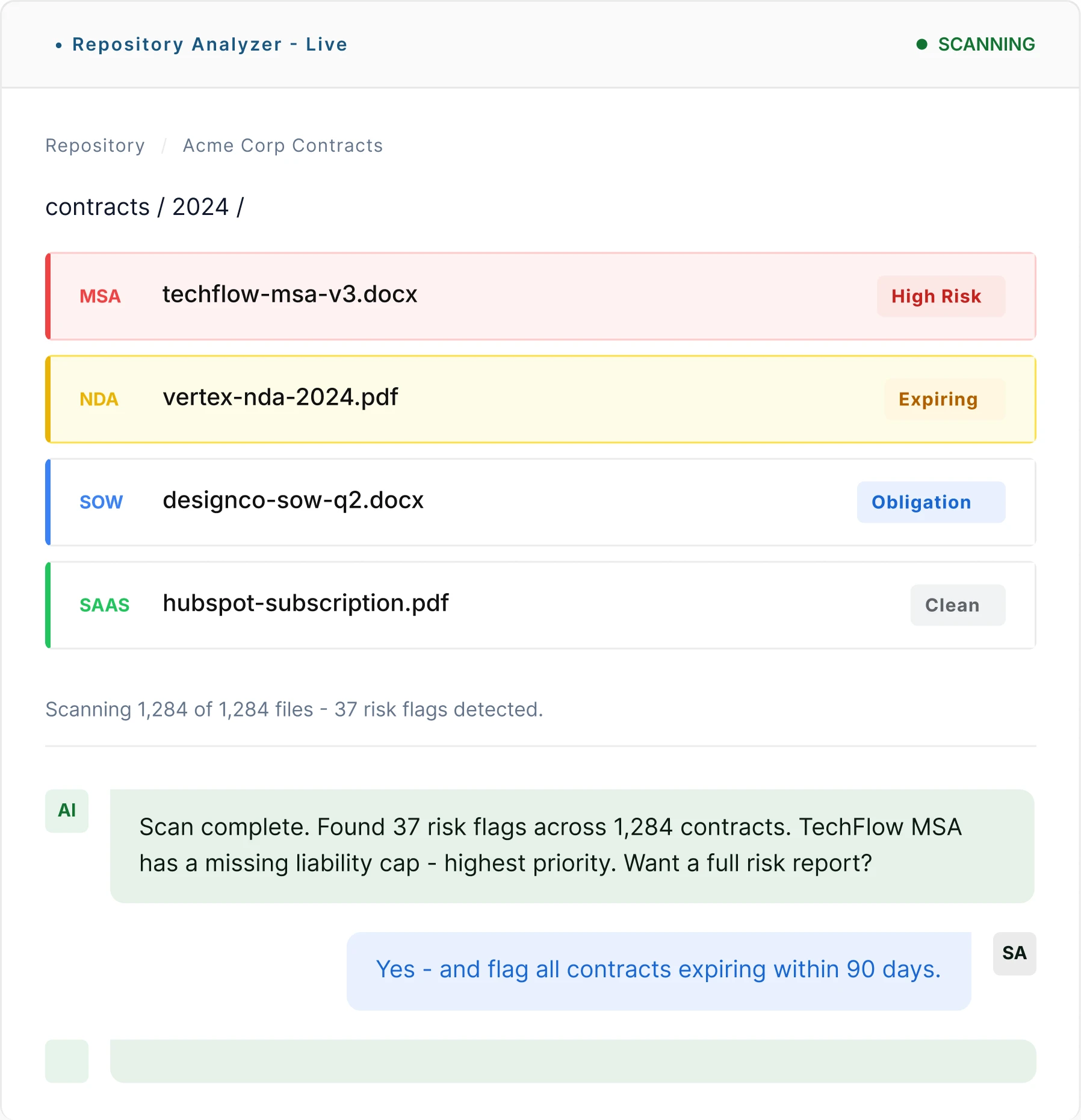Legitt AI Repository Analyzer interface showing contract repository and analysis