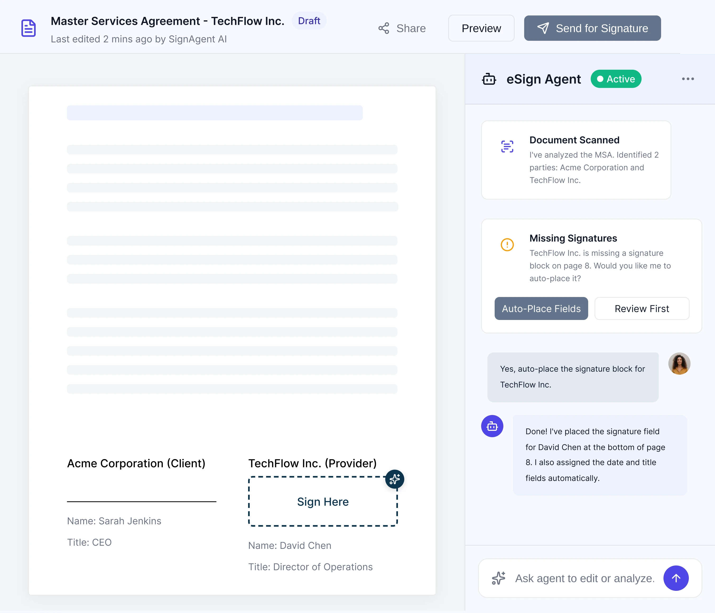 Legitt AI eSign interface showing contract signing and repository workflow