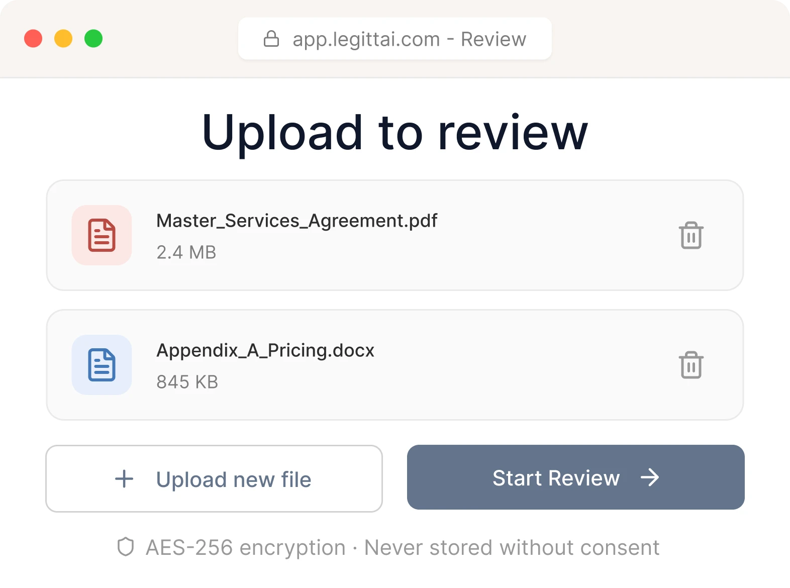 AI contract upload review interface