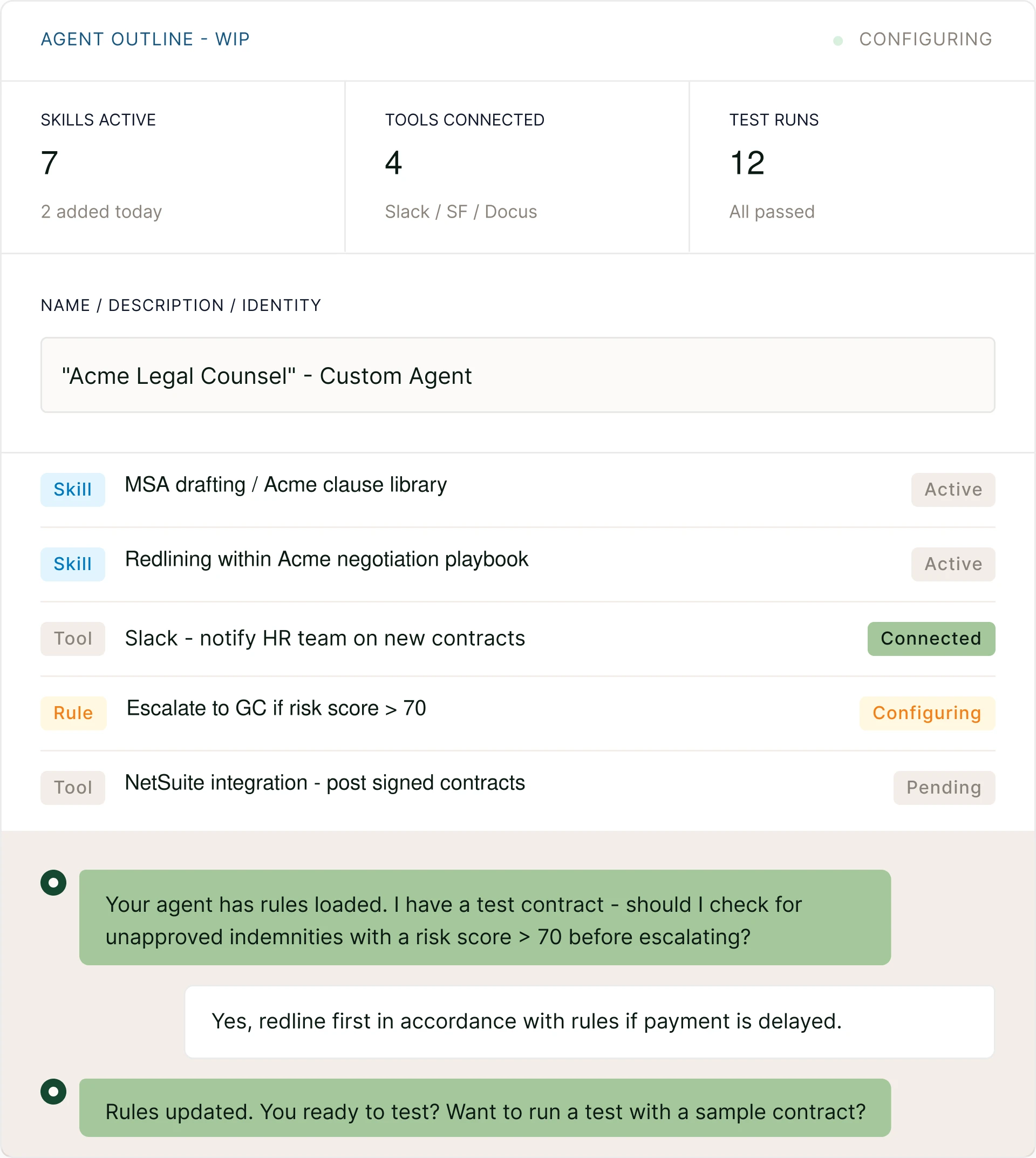 Legitt AI custom agent builder showing agent outline, skills, tools, rules, and test chat
