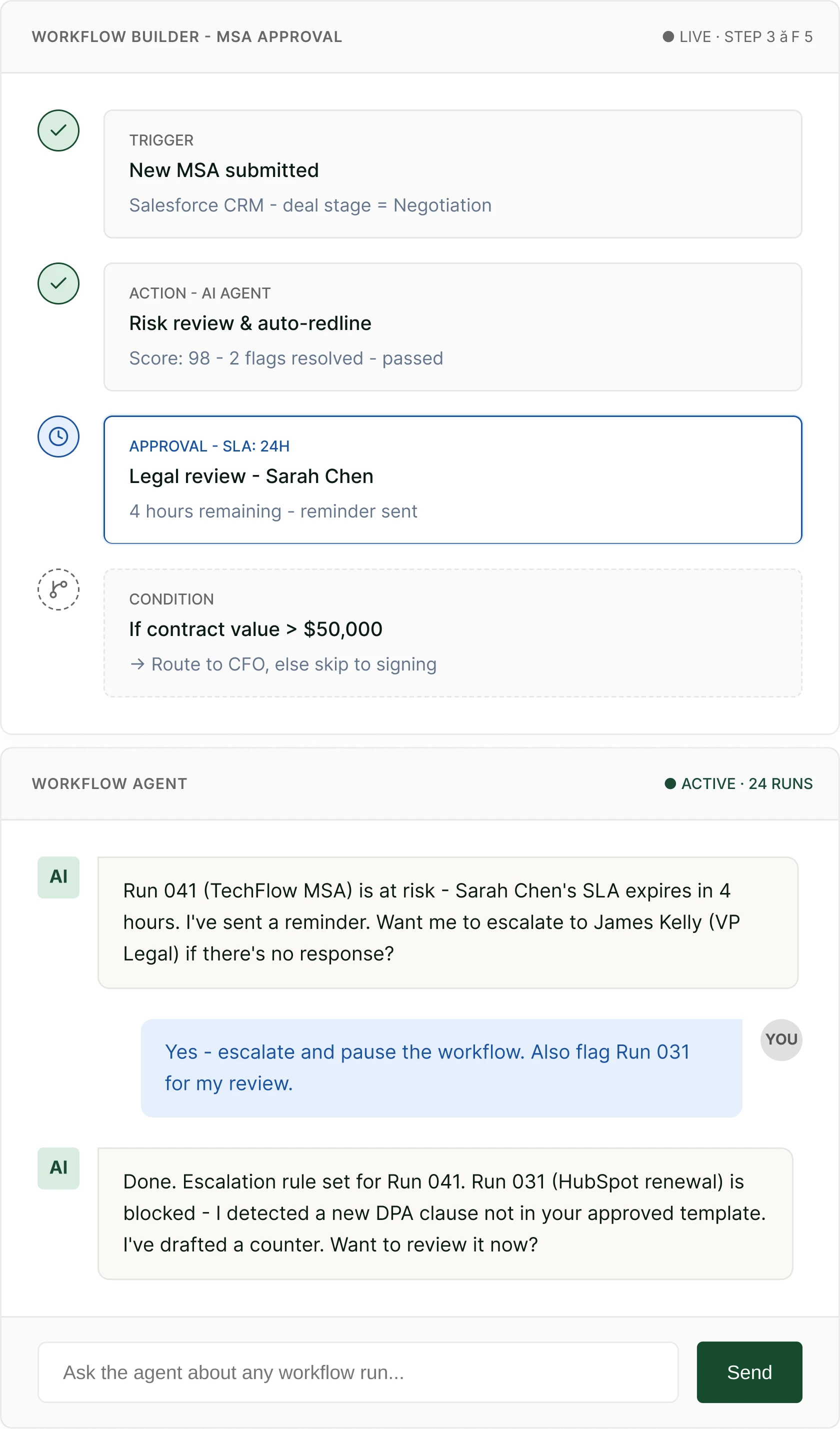 Legitt AI Workflow Agent preview showing live workflow runs and intelligence