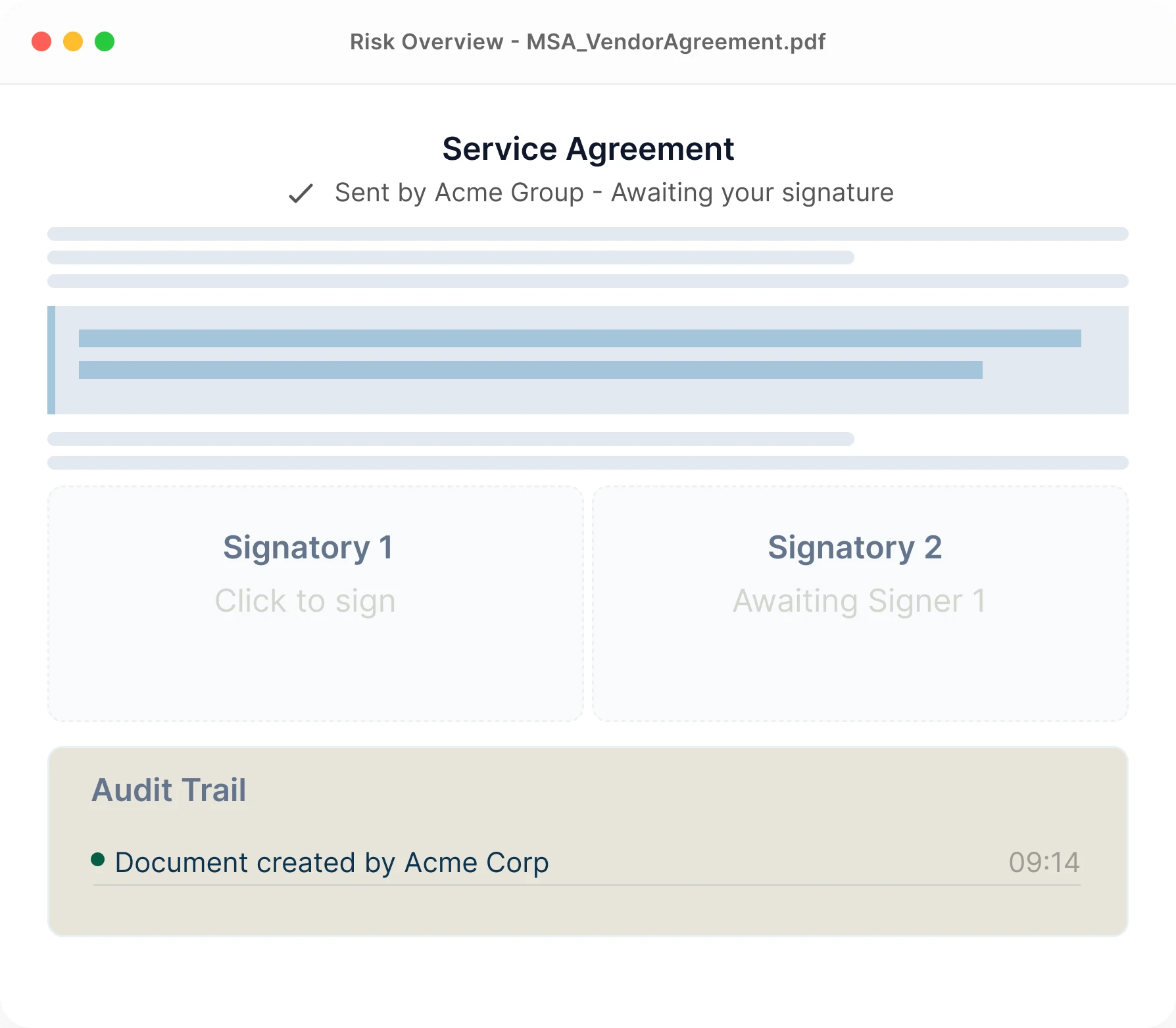 Preview of the signatory agreement and audit trail UI