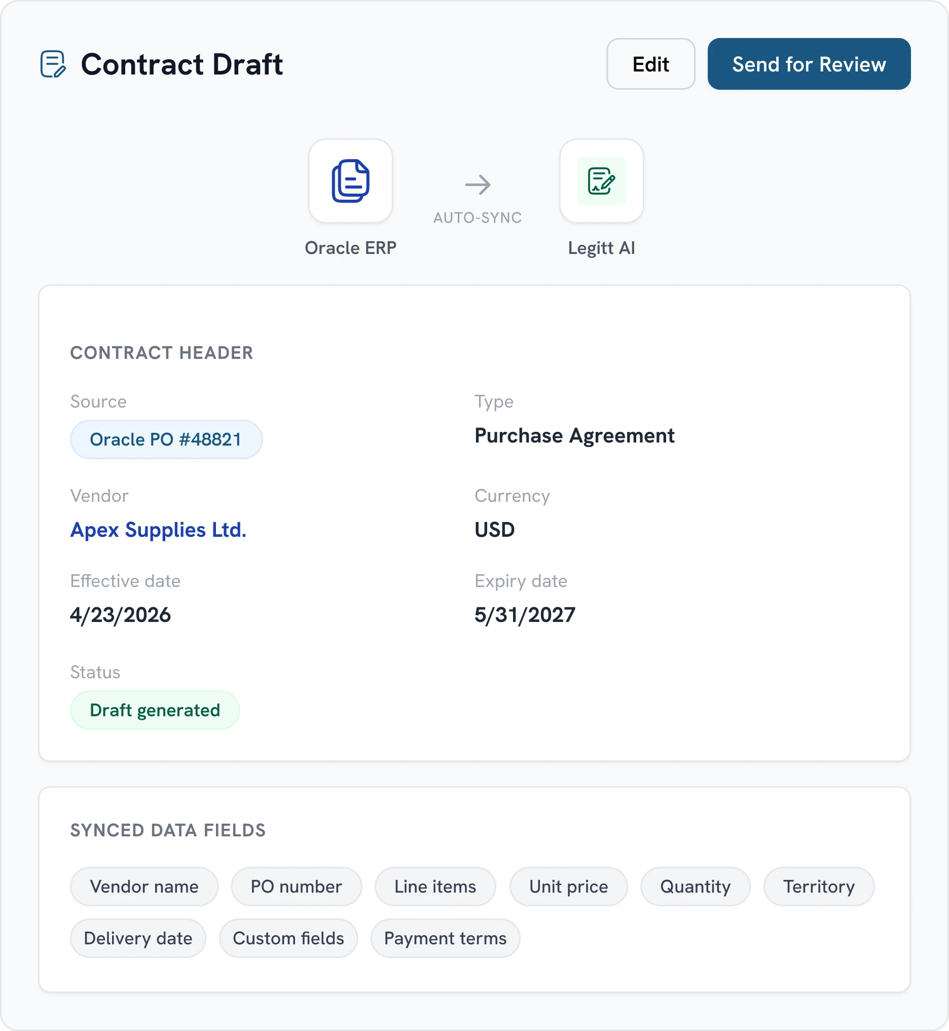 Oracle ERP to Legitt AI contract draft integration